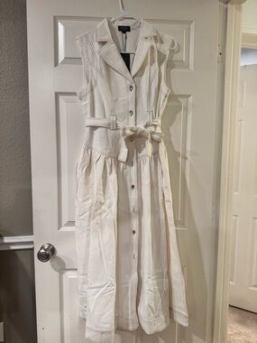 Aleeza Paris Sleeveless Cream Button-Front Midi Dress with Self-Tie Waist